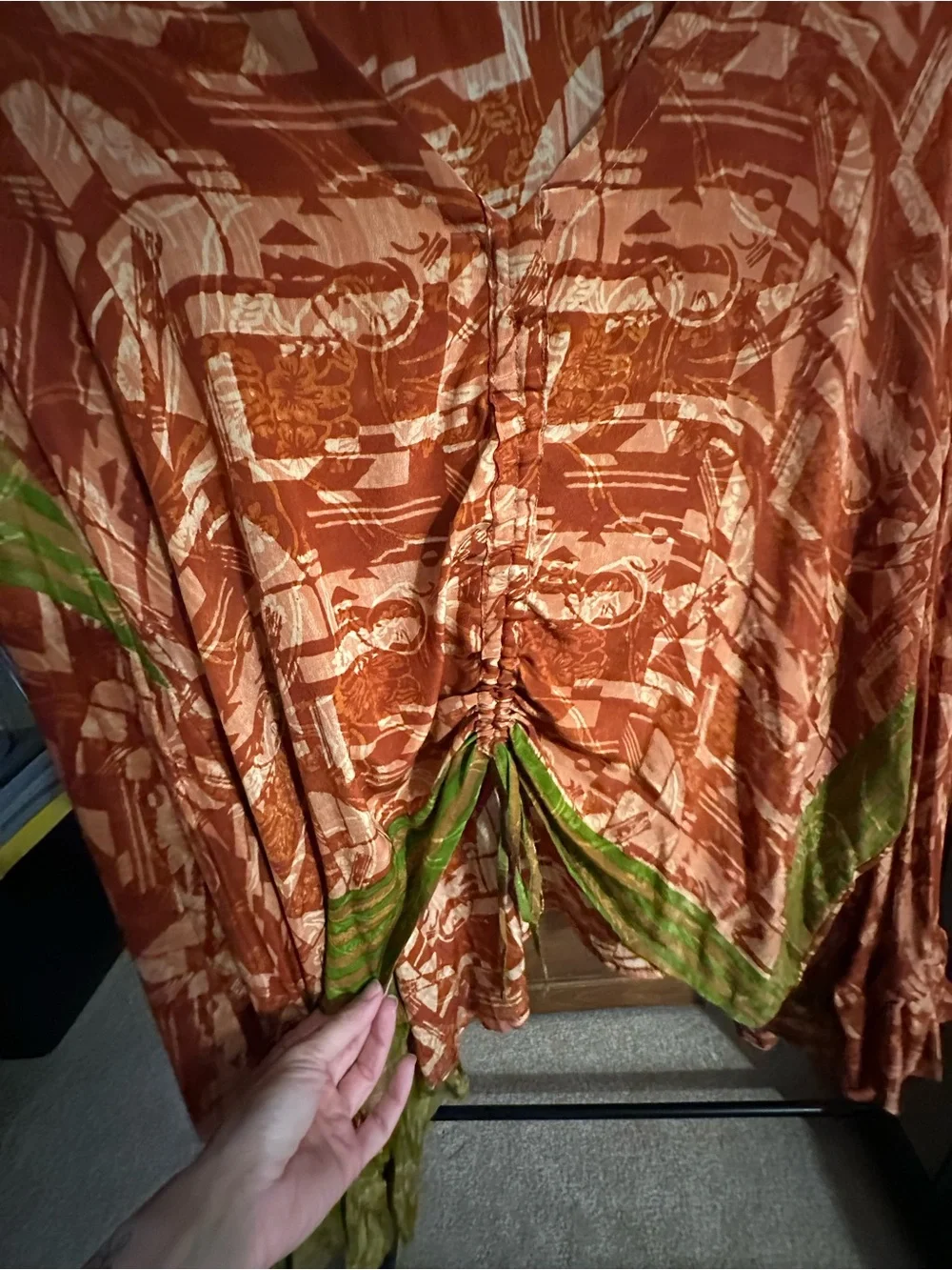 Kantha Bae Drawstring Ruched V-Neck Women's Top in Rust and Olive - Picture 4 of 4